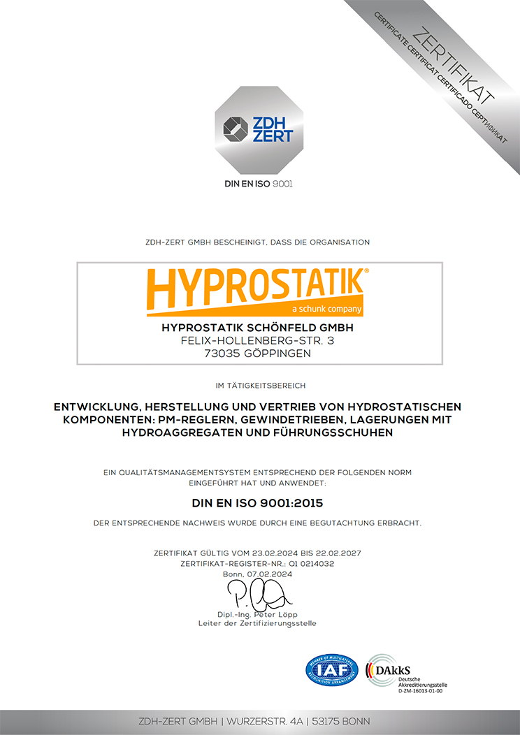 Screenshot eines Deutschen Zertifikats für die Entwicklung, Herstellung und Vertrieb von Hydrostatischen Komponenten